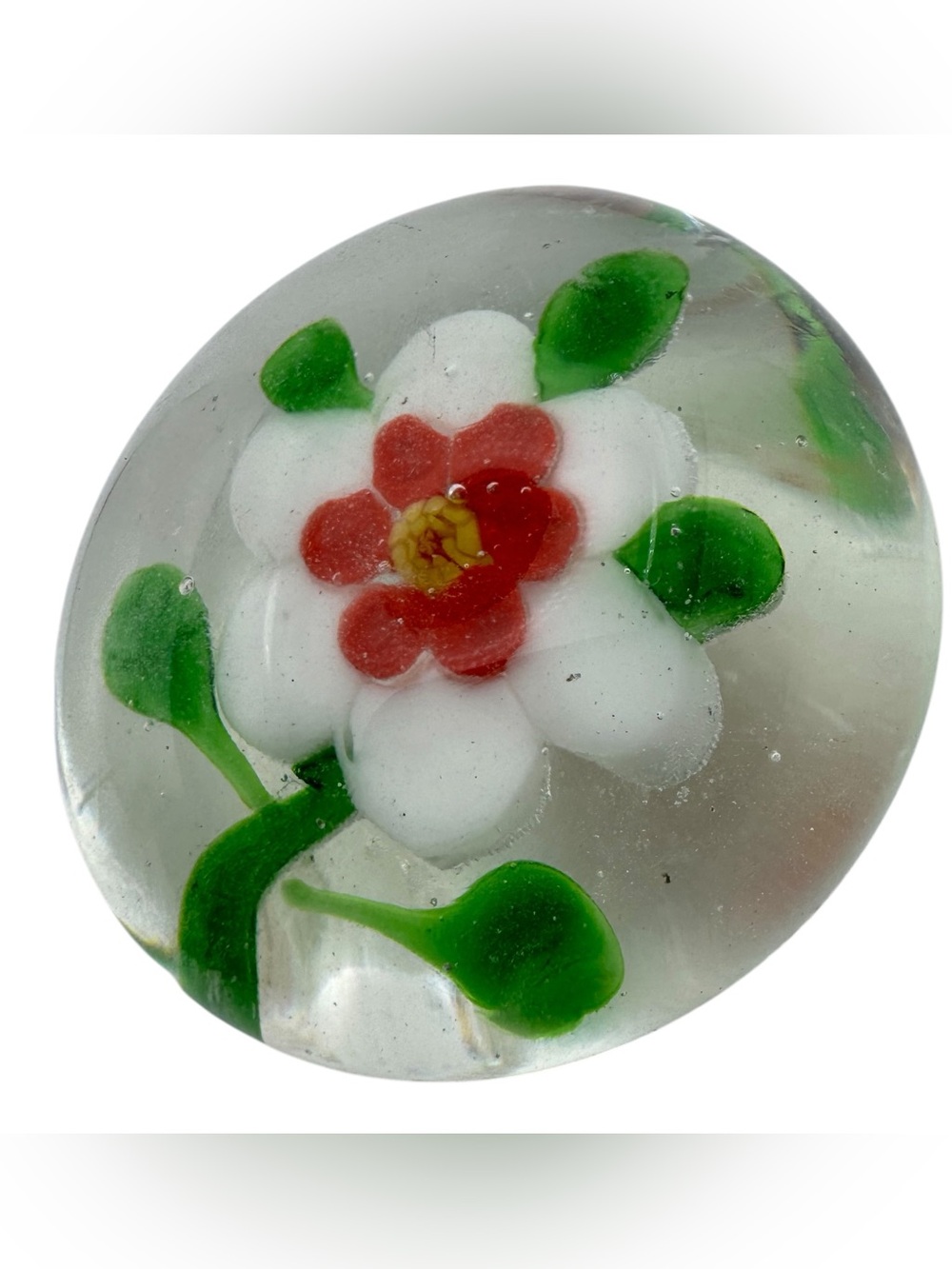 Vintage Art Glass Flower Paperweight 2" White Red Floral Collectible